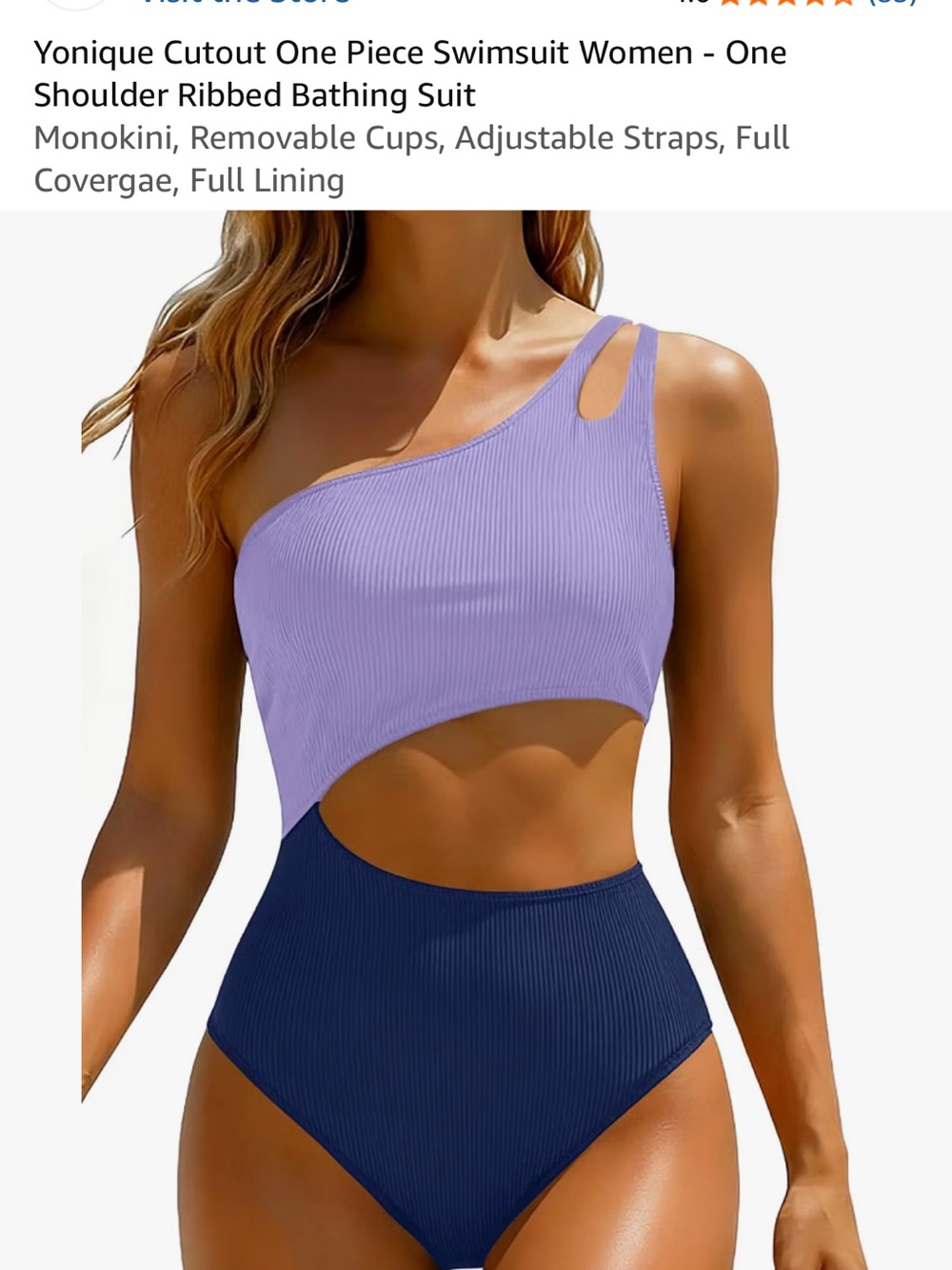 Younique Two-Tone Lavender and Navy One-Shoulder Cutout One-Piece Swimsuit